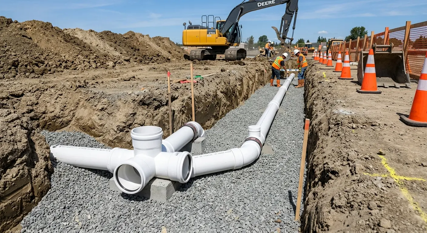 New PVC sewer pipe installation in open trench for Sewer Backup in Ridgecrest