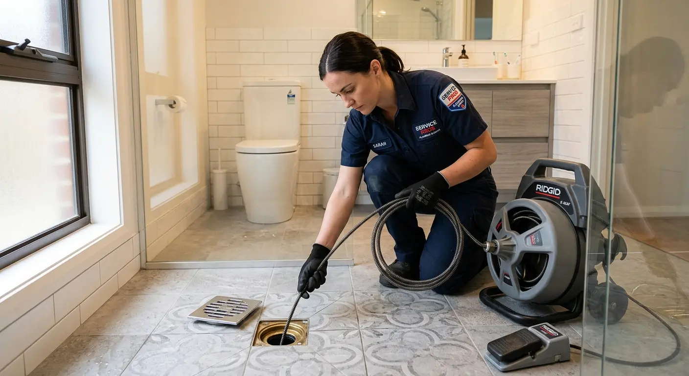 Technician clearing a bathroom floor drain for Sewer Line Replacement in Ridgecrest
